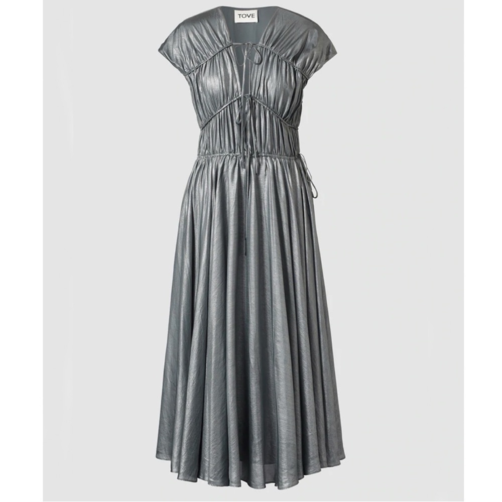 NWT Tove Ceres Metallic Silk Midi Dress Silver FR: 38 = US Size: 6 New with Tags